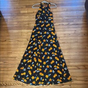 Vintage Black Maxi Dress with Orange and Blue Floral Print